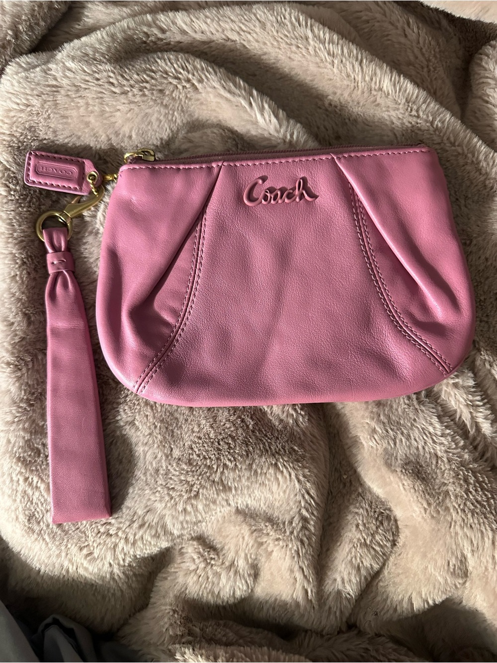 Coach Pink Leather Wristlet with Gold-Tone Hardware